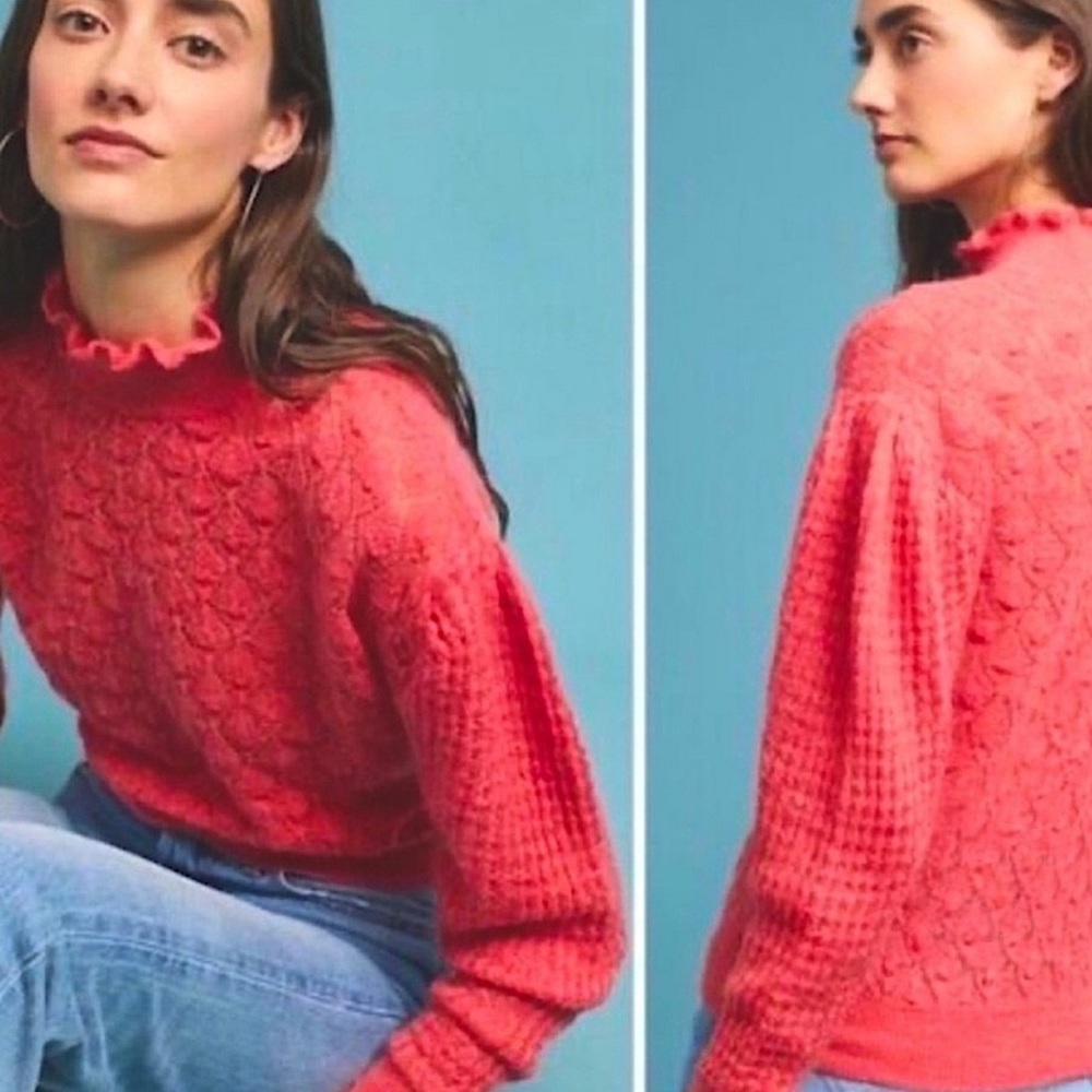 Anthropologie Knitted & Knotted Wool Blend Sweater S Mock Neck Ruffle Coral